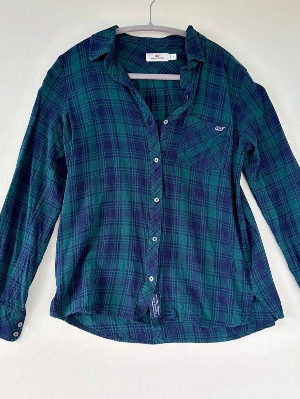 Vineyard Vines Women's Blue and Green Plaid Button-Down Shirt Womens 4